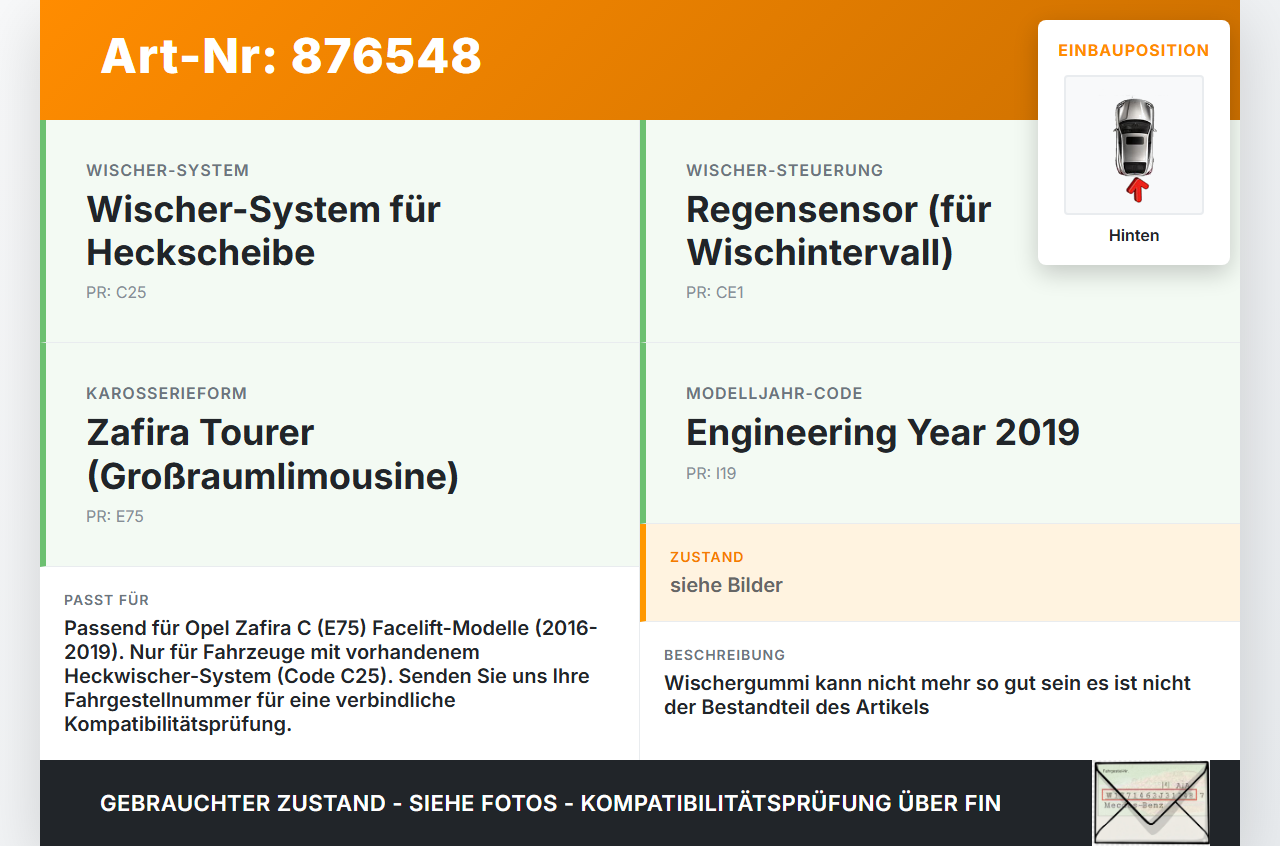Opel Zafira C 16-19 Heckwischer Scheibenwischer Hinten Wischarm Opel Zafira C 16-19 29.10.2018 13256925 gebraucht Vorschau 3