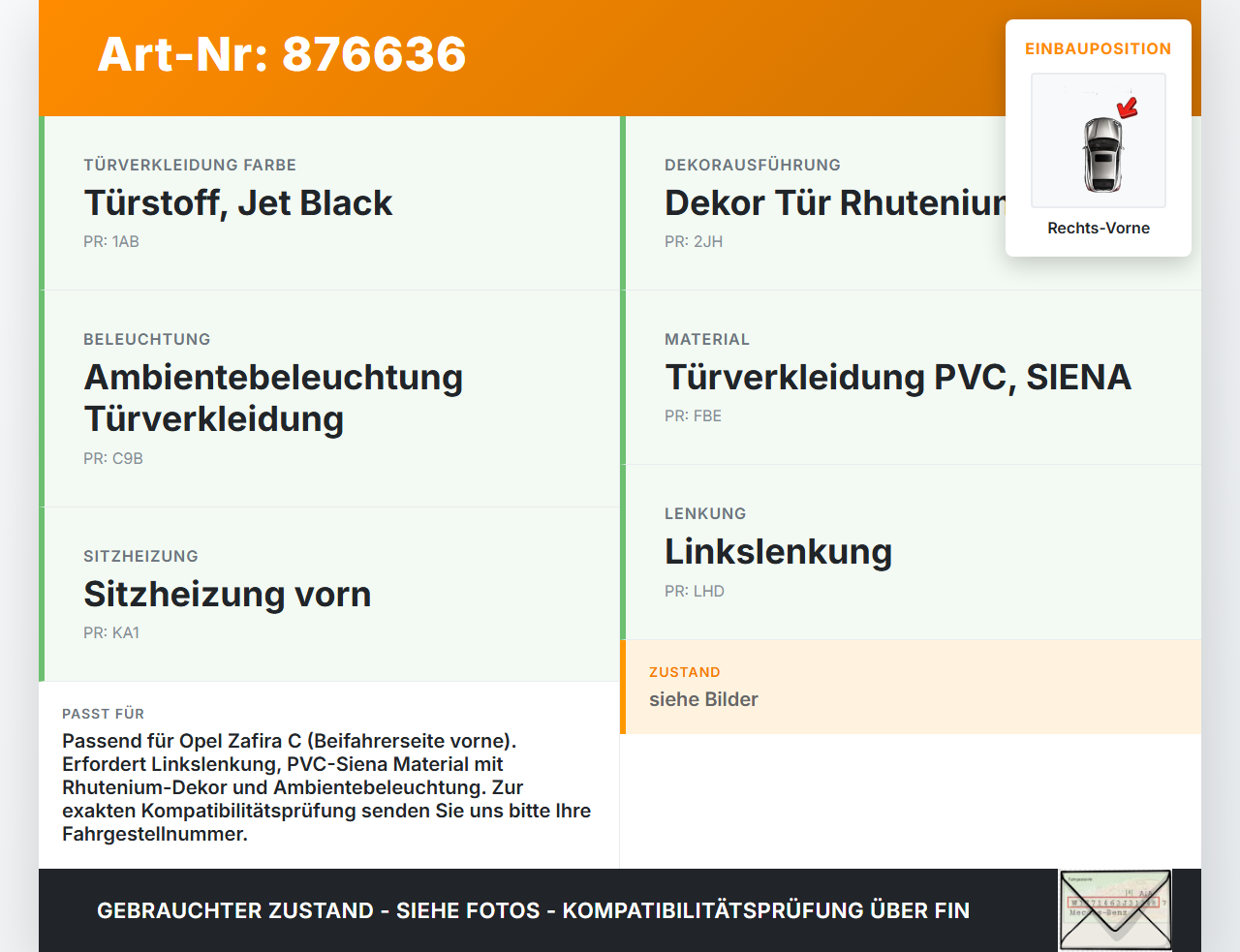 Opel Zafira C 16-19 Türverkleidung Türpappe Rechts Vorne Opel Zafira C 16-19 29.10.2018 39104850 gebraucht Vorschau 3