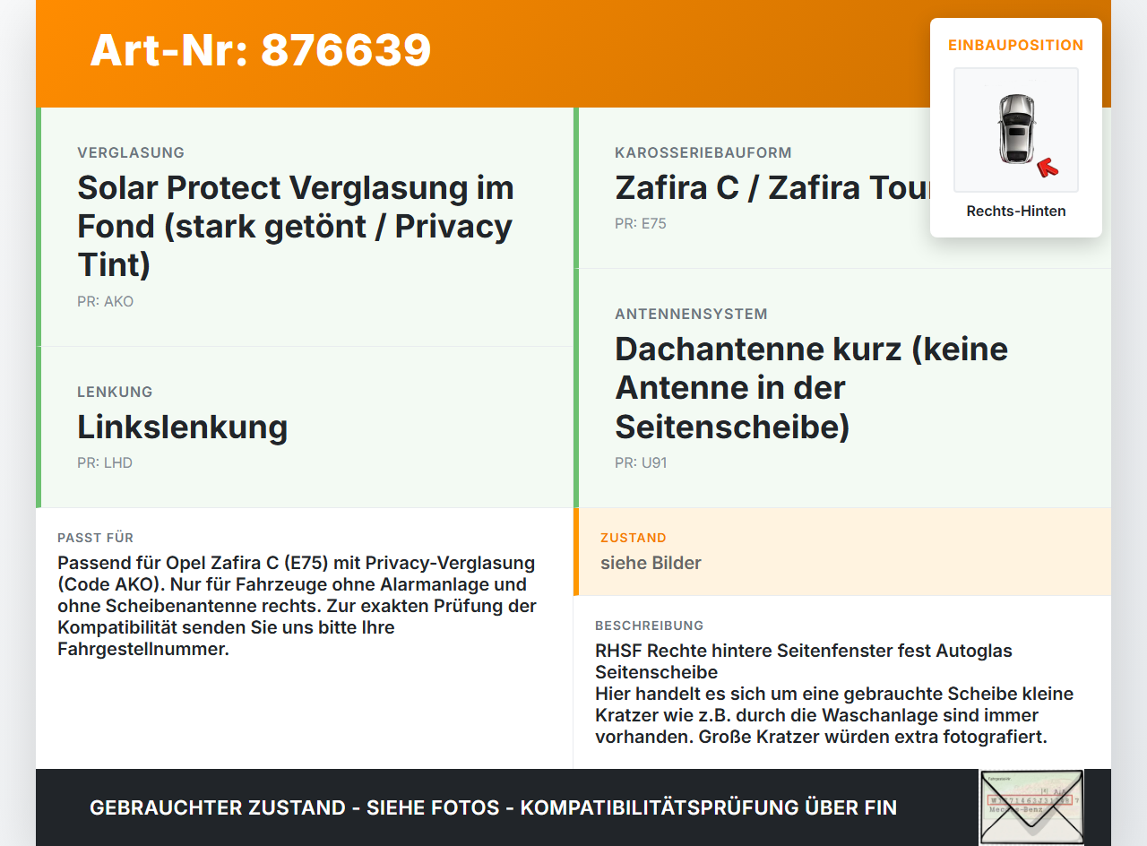 Opel Zafira C 16-19 Seitenscheibe Feste Scheibe Rechts Hinten Orig. getönt Opel Zafira C 16-19 29.10.2018 39179188... Vorschau 3