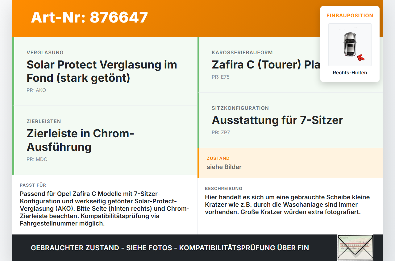 Opel Zafira C 16-19 Seitenscheibe Dreieck Scheibe Rechts Hinten Orig. getönt Opel Zafira C 16-19 29.10.2018 gebraucht Vorschau 3