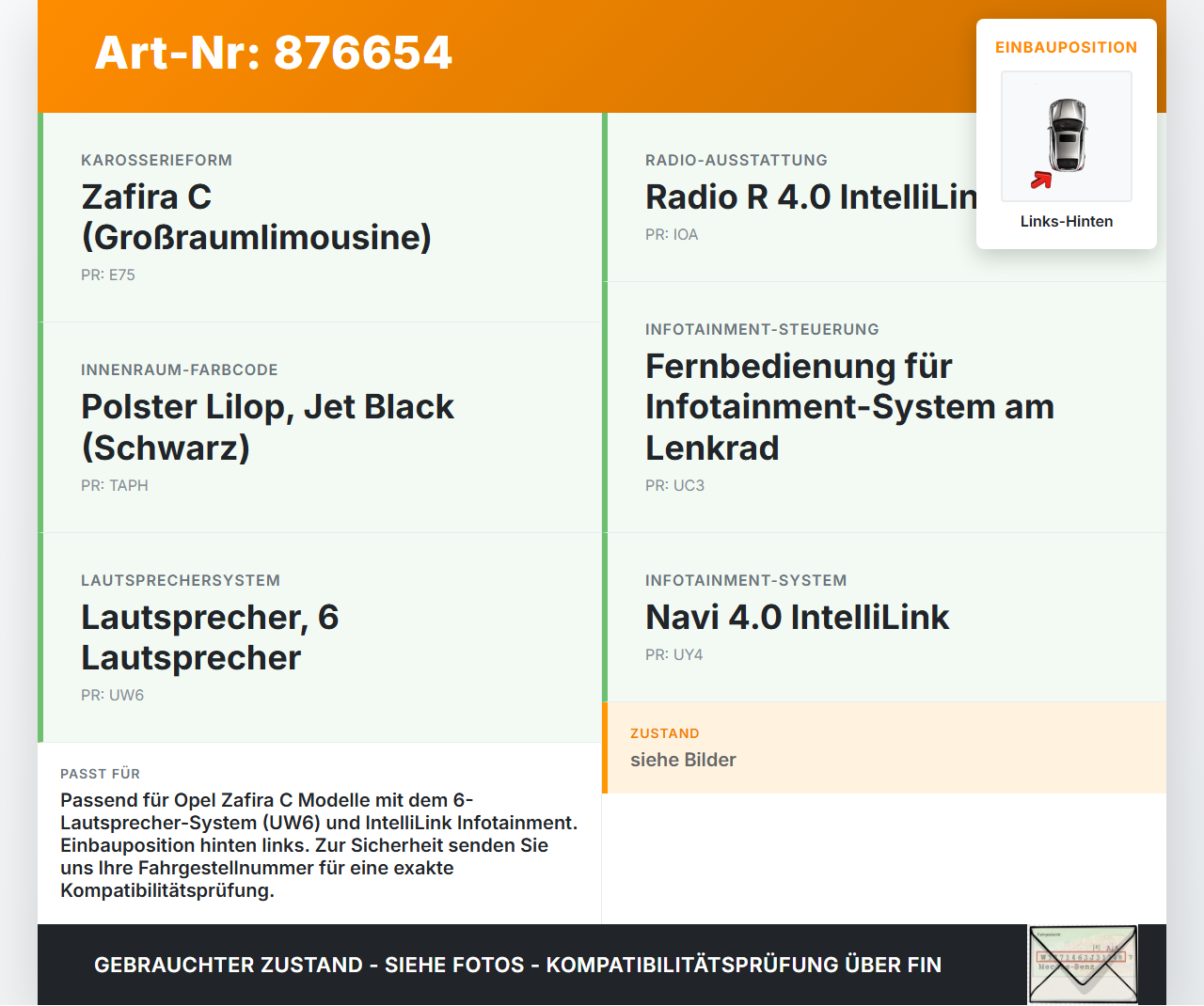 Opel Zafira C 16-19 Lautsprecher Links Hinten Opel Zafira C 16-19 29.10.2018 39117927 gebraucht Vorschau 3
