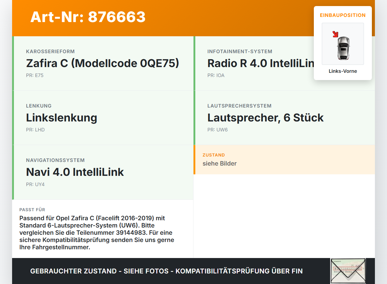 Opel Zafira C 16-19 Lautsprecher Links Vorne Opel Zafira C 16-19 29.10.2018 39144983 654558089 gebraucht Vorschau 3