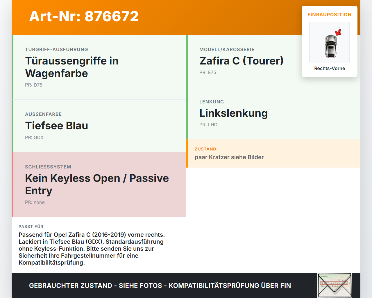 Opel Zafira C 16-19 Türgriff Griff aussen Rechts Vorne GDX Opel Zafira C 16-19 29.10.2018 92233089 gebraucht Vorschau 3