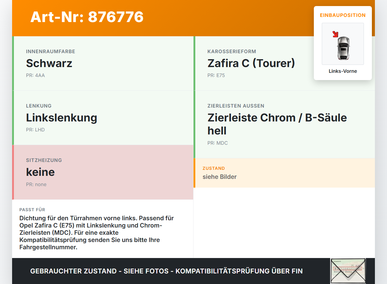 Opel Zafira C 16-19 Dichtung für Rahmen Tür Links Vorne Opel Zafira C 16-19 29.10.2018 gebraucht Vorschau 3