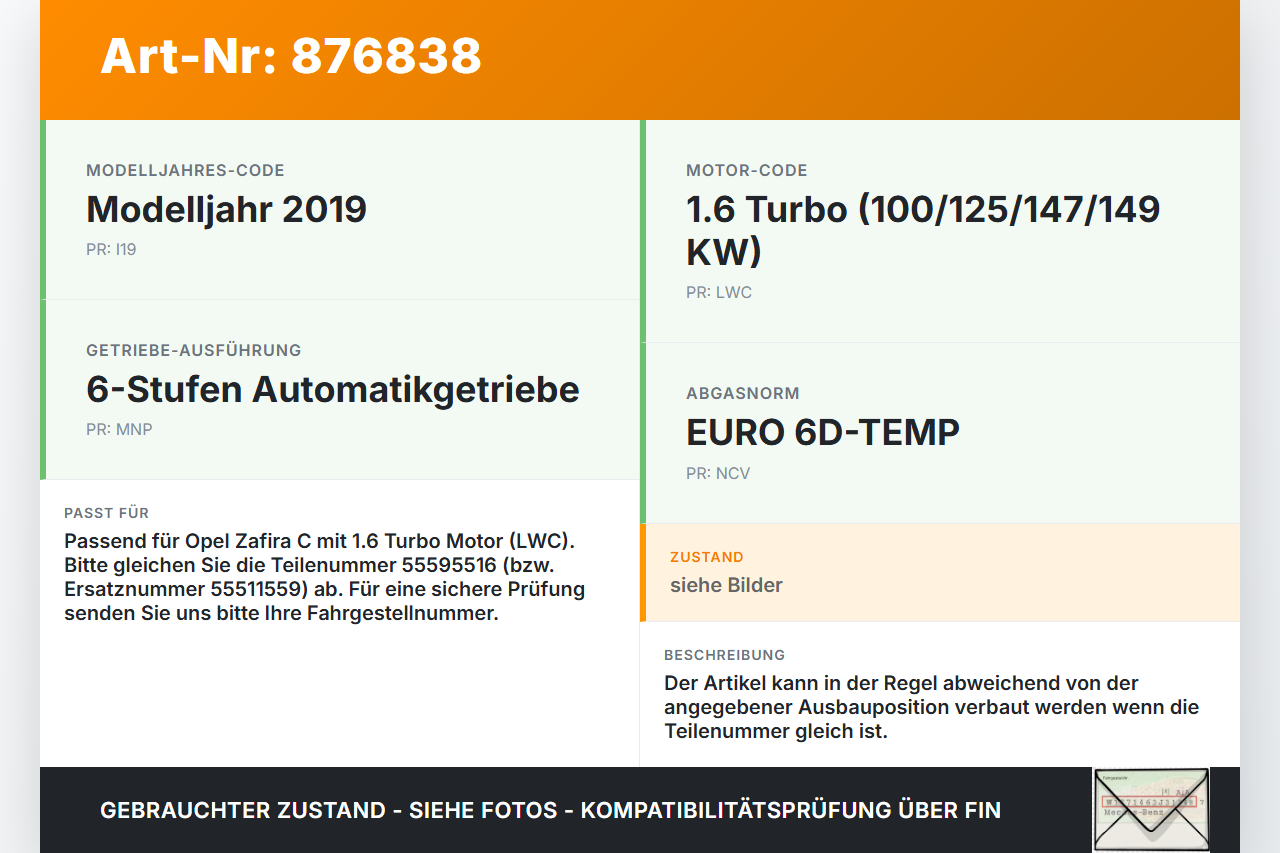 Opel Zafira C 16-19 1,6 100KW Zündspule Zyl.1 Opel Zafira C 16-19 29.10.2018 55595516 1208119 gebraucht Vorschau 3