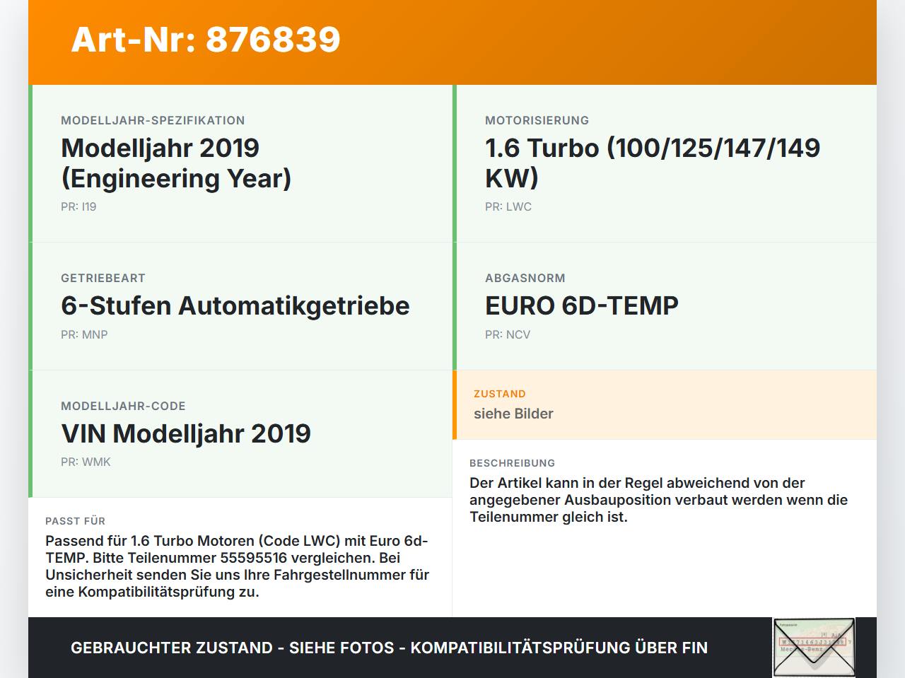 Opel Zafira C 16-19 1,6 100KW Zündspule Zyl.2 Opel Zafira C 16-19 29.10.2018 55595516 1208119 gebraucht Vorschau 3