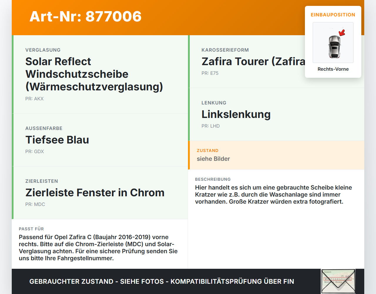 Opel Zafira C 16-19 RV Dreieck Seitenscheibe Rechts Vorne Opel Zafira C 16-19 29.10.2018 gebraucht Vorschau 3