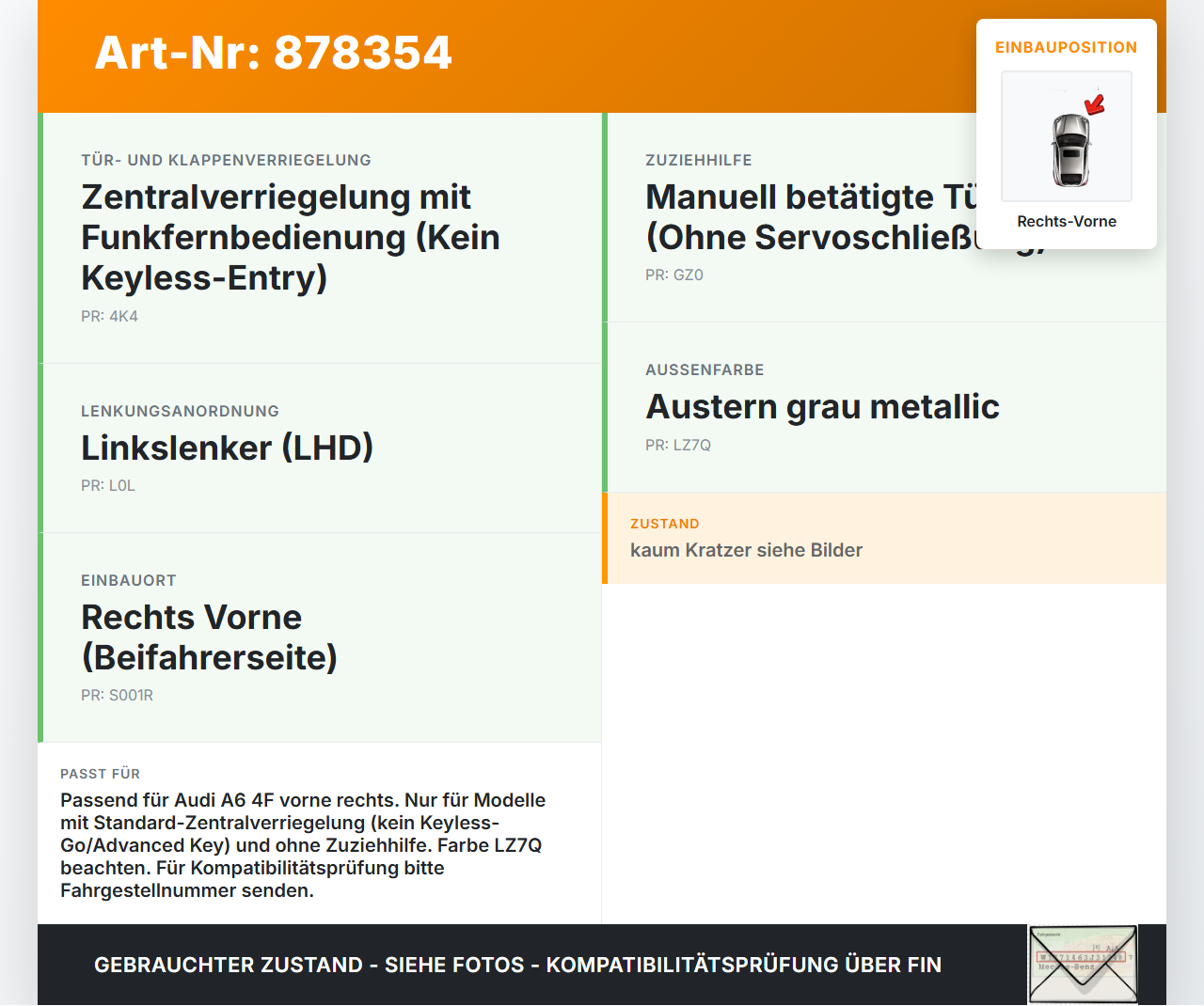 Audi A6 4F C6 qu 04-08 Kombi Türgriff Griff aussen Rechts Vorne LZ7Q Audi A6 4F C6 qu 04-08 04.12.2007 4F0837208B... Vorschau 3