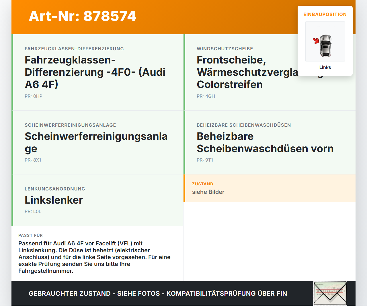 Audi A6 4F C6 qu 04-08 Waschdüse f. Windschutzscheibe WS Links beheizt Audi A6 4F C6 qu 04-08 04.12.2007 8J0955987G... Vorschau 3