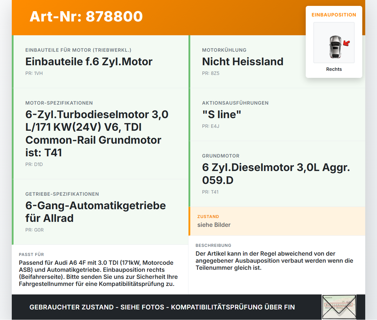 Audi A6 4F C6 qu 04-08 TDI 3,0 171KW Ladeluftkühler Kühler Rechts Audi A6 4F C6 qu 04-08 04.12.2007 4F0145806AA... Vorschau 3