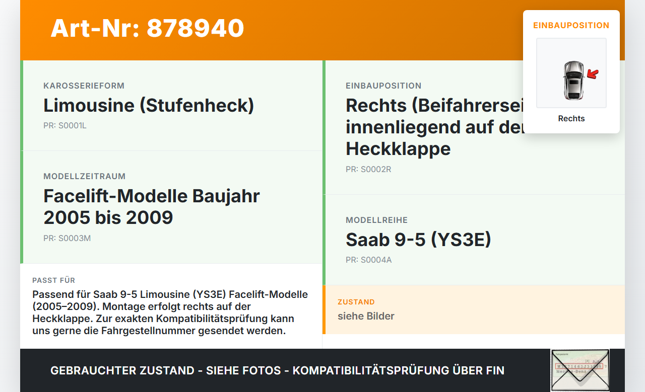 Saab 9-5 YS3E 05-09 Lim Rückleuchte Heckleuchte für Klappe Rechts Saab 9-5 YS3E 05-09 08.12.2006 12755792 12758913... Vorschau 3