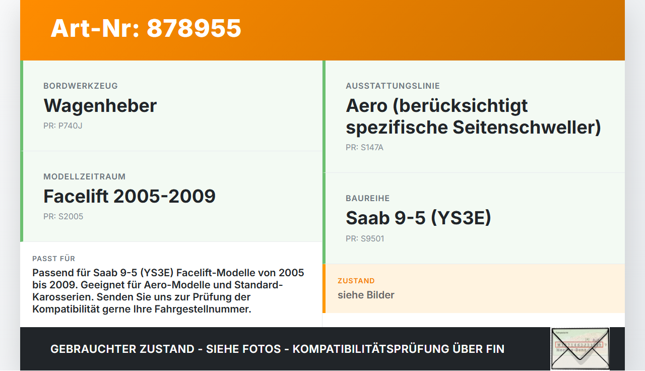 Saab 9-5 YS3E 05-09 Wagenheber Saab 9-5 YS3E 05-09 08.12.2006 gebraucht Vorschau 3