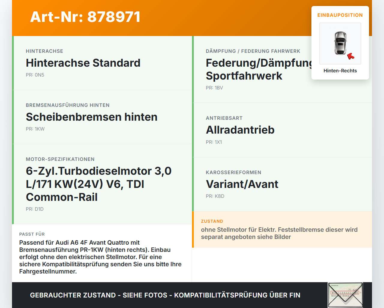 Audi A6 4F C6 qu 04-08 TDI 3,0 171KW Bremssattel Bremszange Hinten Rechts Audi A6 4F C6 qu 04-08 04.12.2007... Vorschau 3