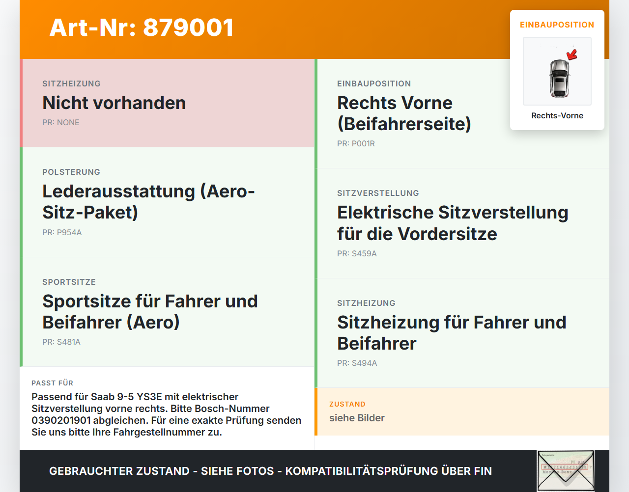 Saab 9-5 YS3E 05-09 Stellmotor für Elektr. Sitzverstellung Rechts Vorne Saab 9-5 YS3E 05-09 08.12.2006 0390201901... Vorschau 3