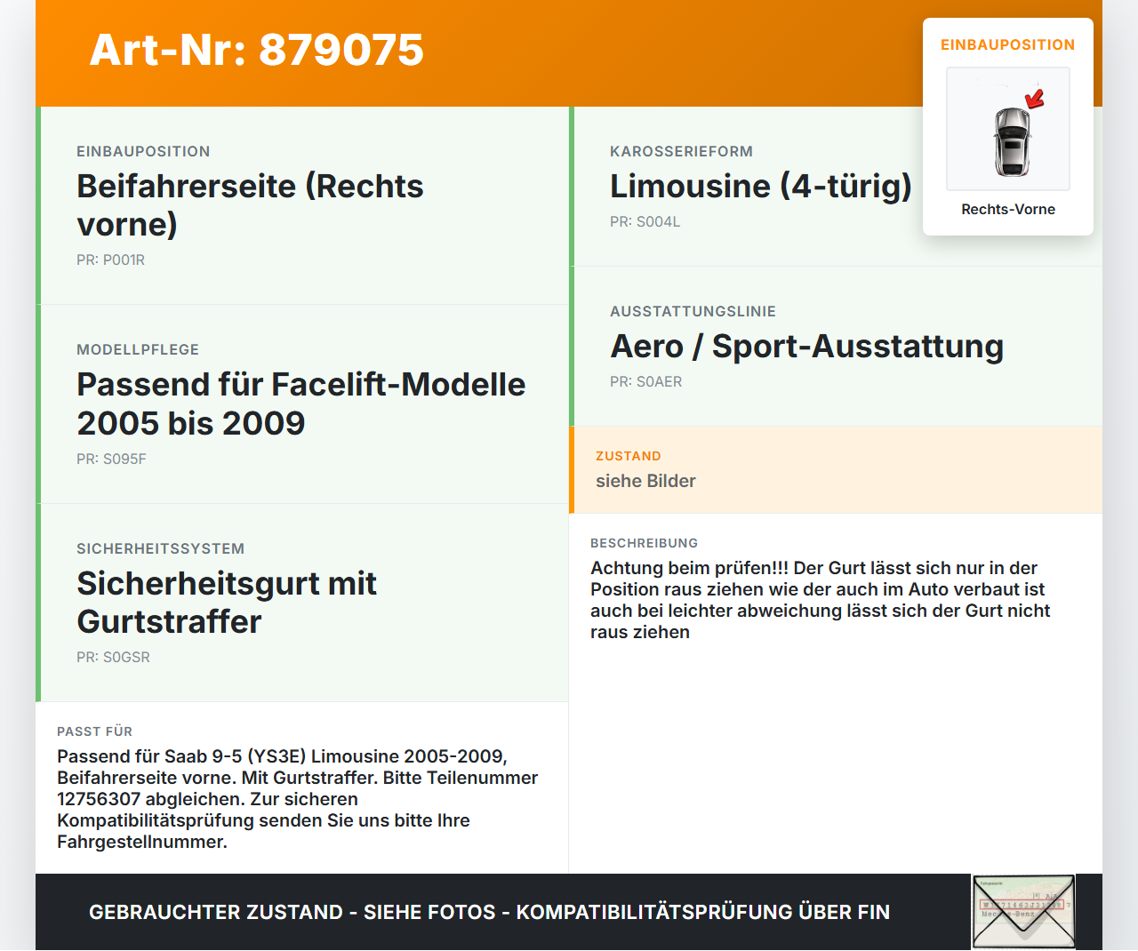 Saab 9-5 YS3E 05-09 Lim Gurt Sicherheitsgurt m. Gurtstraffer für Beifahrer Rechts Vorne Saab 9-5 YS3E 05-09... Vorschau 3