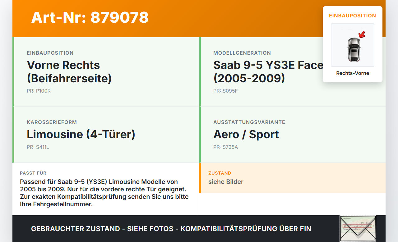 Saab 9-5 YS3E 05-09 Lim Türfangband Türbremse Türanschlag Rechts Vorne Saab 9-5 YS3E 05-09 08.12.2006 gebraucht Vorschau 3