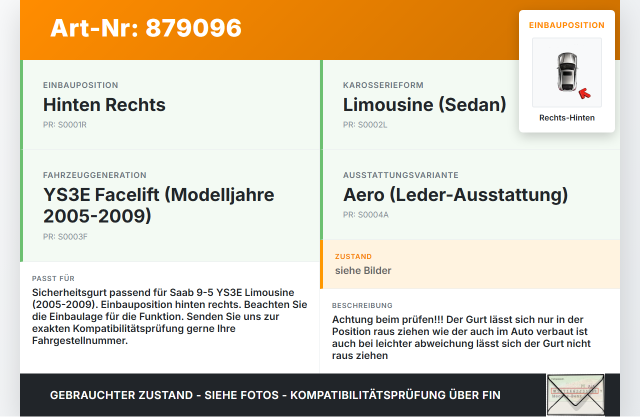 Saab 9-5 YS3E 05-09 Lim Gurt Sicherheitsgurt Rechts Hinten Saab 9-5 YS3E 05-09 08.12.2006 gebraucht Vorschau 3