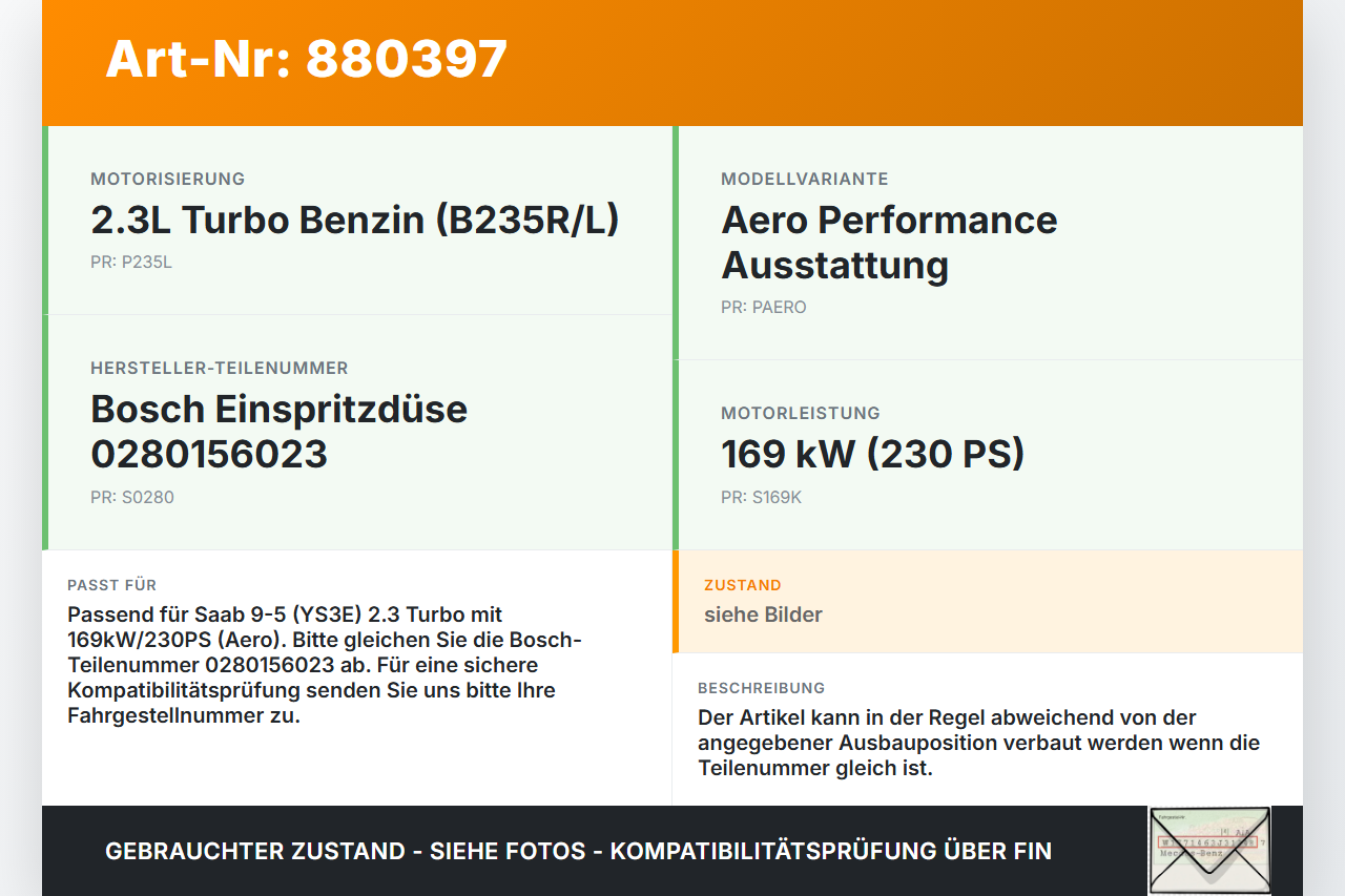 Saab 9-5 YS3E 05-09 2,3T 169KW Injektor Einspritzdüse Zyl.3 Saab 9-5 YS3E 05-09 08.12.2006 0280156023 gebraucht Vorschau 3