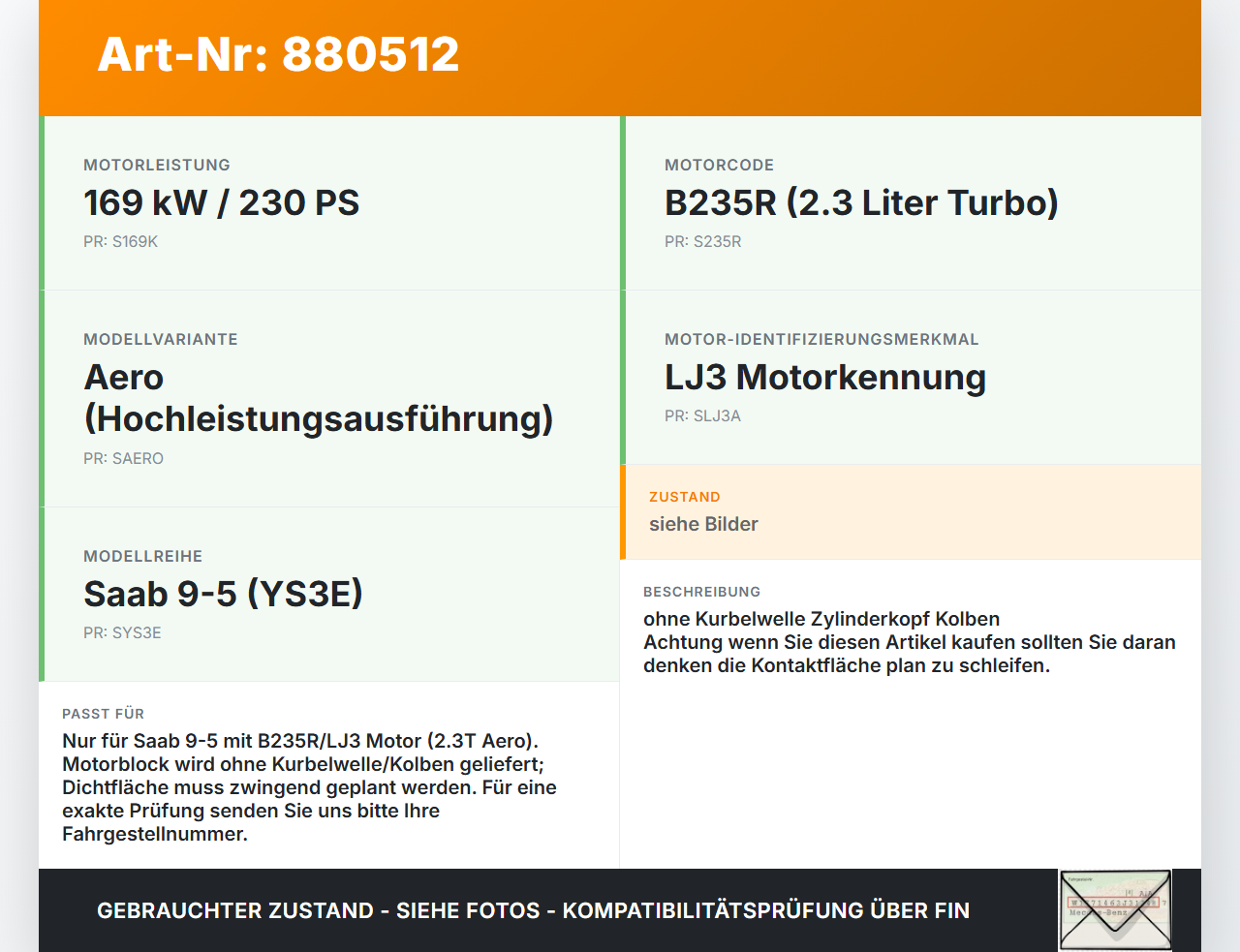 Saab 9-5 YS3E 05-09 2,3T 169KW LJ3 B235R Motorblock für Motor Saab 9-5 YS3E 05-09 08.12.2006 - gebraucht Vorschau 3