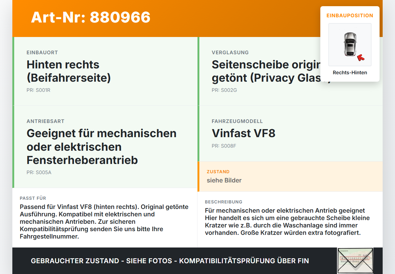 Vinfast VF8 Seitenscheibe RHK Türscheibe Rechts Hinten Orig. getönt Vinfast VF8 01.11.2023 gebraucht Vorschau 3