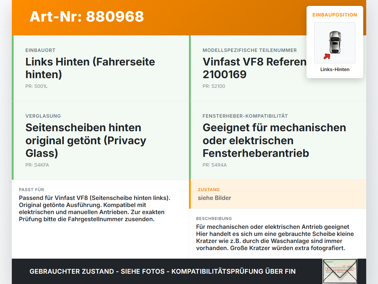 Vinfast VF8 Seitenscheibe LHK für Tür Fenster Scheibe Links Hinten Orig. getönt Vinfast VF8 01.11.2023 2100169 gebraucht Vorschau 3