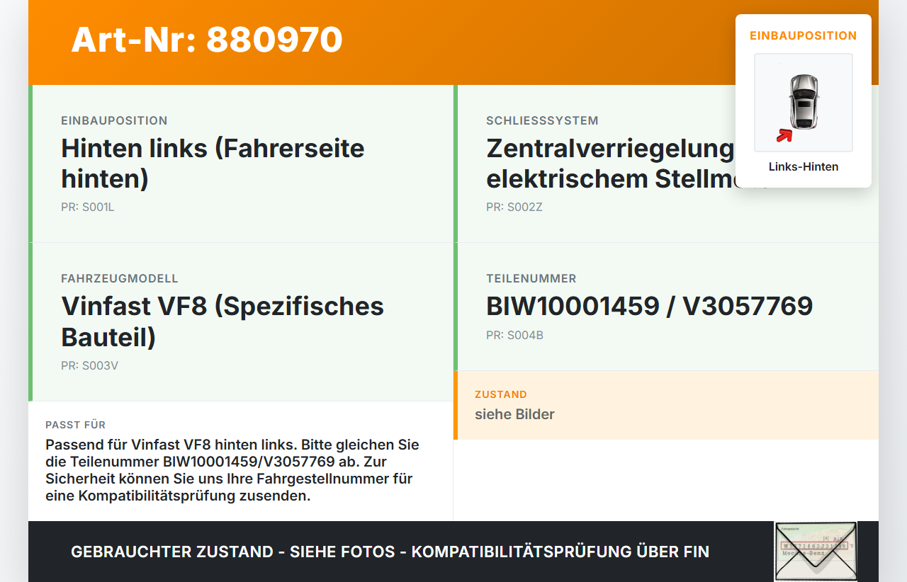 Vinfast VF8 Türschloss m. ZV Stellmotor Links Hinten Vinfast VF8 01.11.2023 BIW10001459 V3057769 gebraucht Vorschau 3