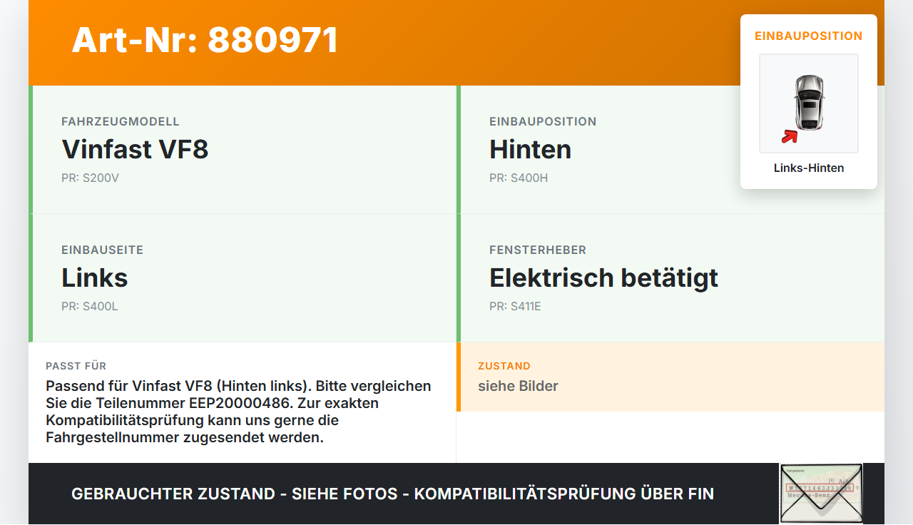 Vinfast VF8 Fensterheberschalter Schalter Links Hinten Vinfast VF8 01.11.2023 EEP20000486 gebraucht Vorschau 3