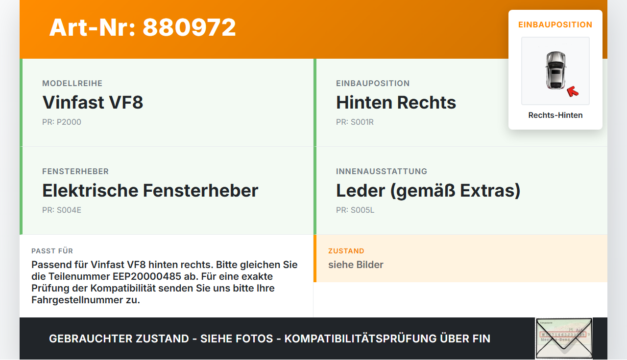 Vinfast VF8 Fensterheberschalter Schalter Rechts Hinten Vinfast VF8 01.11.2023 EEP20000485 gebraucht Vorschau 3