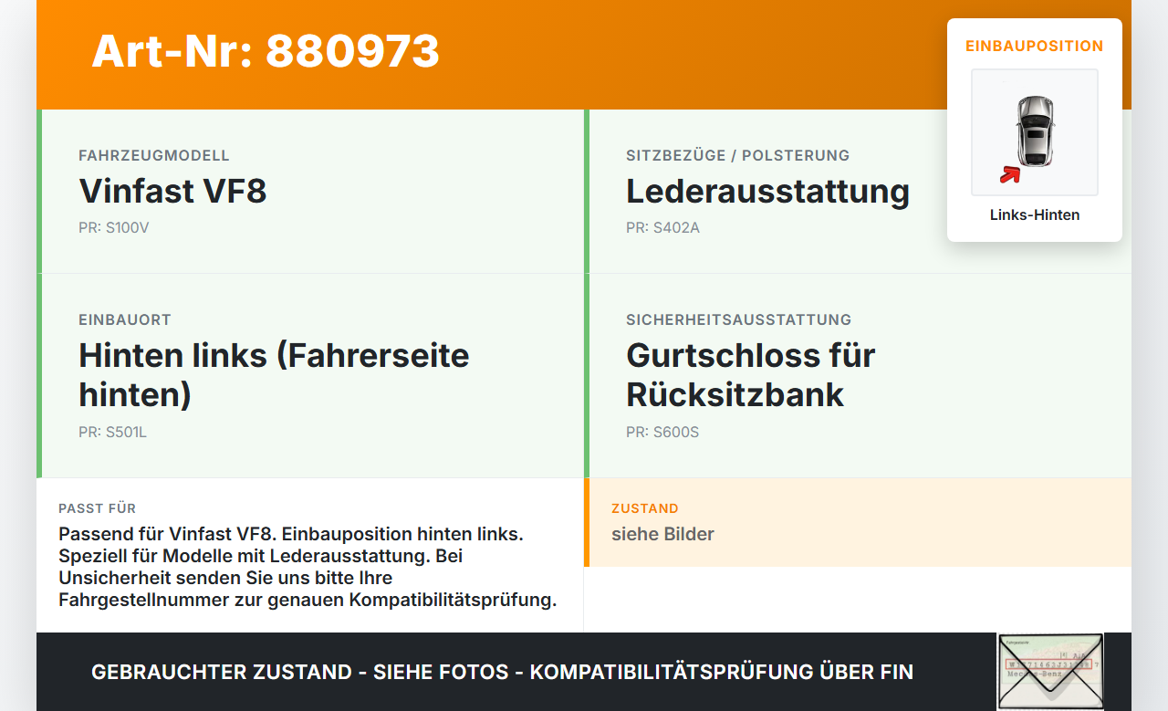 Vinfast VF8 Gurtschloss Links Hinten Vinfast VF8 01.11.2023 gebraucht Vorschau 3