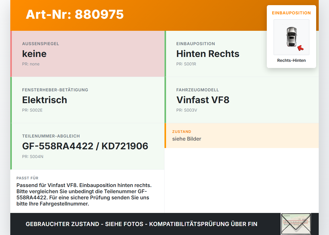 Vinfast VF8 Fensterhebermotor Rechts Hinten Vinfast VF8 01.11.2023 GF-558RA4422 KD721906 gebraucht Vorschau 3
