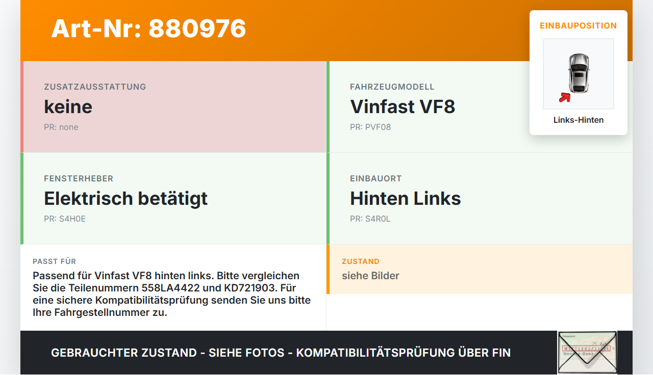 Vinfast VF8 Fensterhebermotor Links Hinten Vinfast VF8 01.11.2023 558LA4422 KD721903 gebraucht Vorschau 3