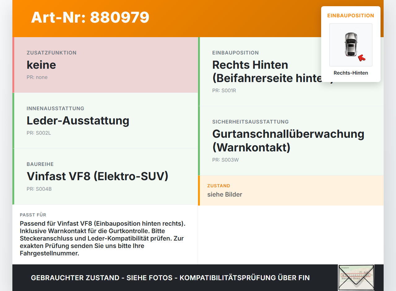 Vinfast VF8 Gurtschloss Rechts Hinten Vinfast VF8 01.11.2023 gebraucht Vorschau 3
