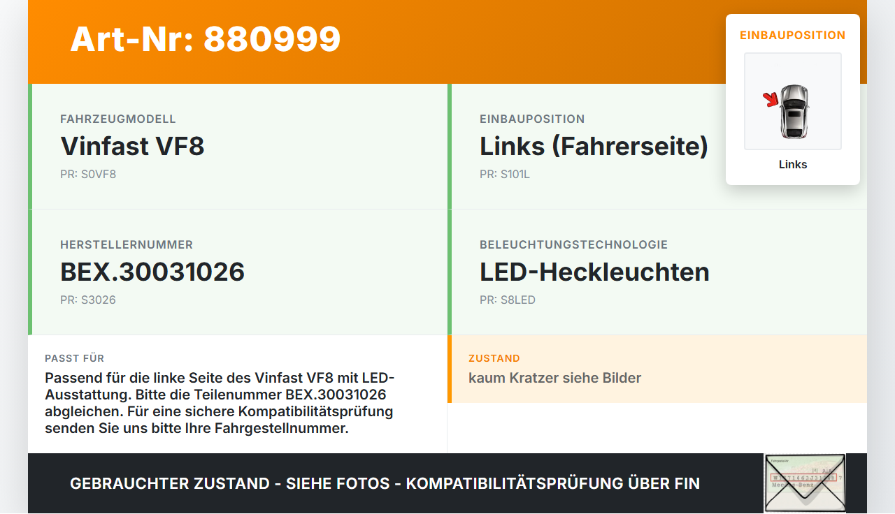 Vinfast VF8 Rückleuchte Rücklicht Heckleuchte Links orig Vinfast VF8 01.11.2023 BEX.30031026 gebraucht Vorschau 3