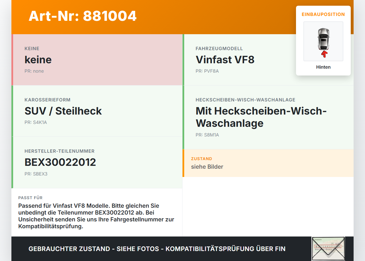 Vinfast VF8 Wischermotor Hinten Heckwischermotor Vinfast VF8 01.11.2023 BEX30022012 gebraucht Vorschau 3