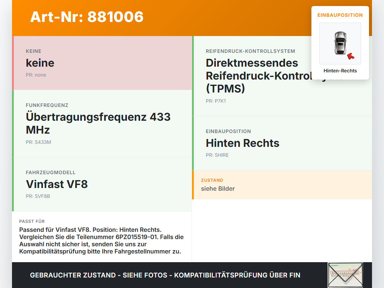 Vinfast VF8 Reifendruck Sensor Radsensor Reifendrucksensor Hinten Rechts Vinfast VF8 01.11.2023 6PZ015519-01 gebraucht Vorschau 3