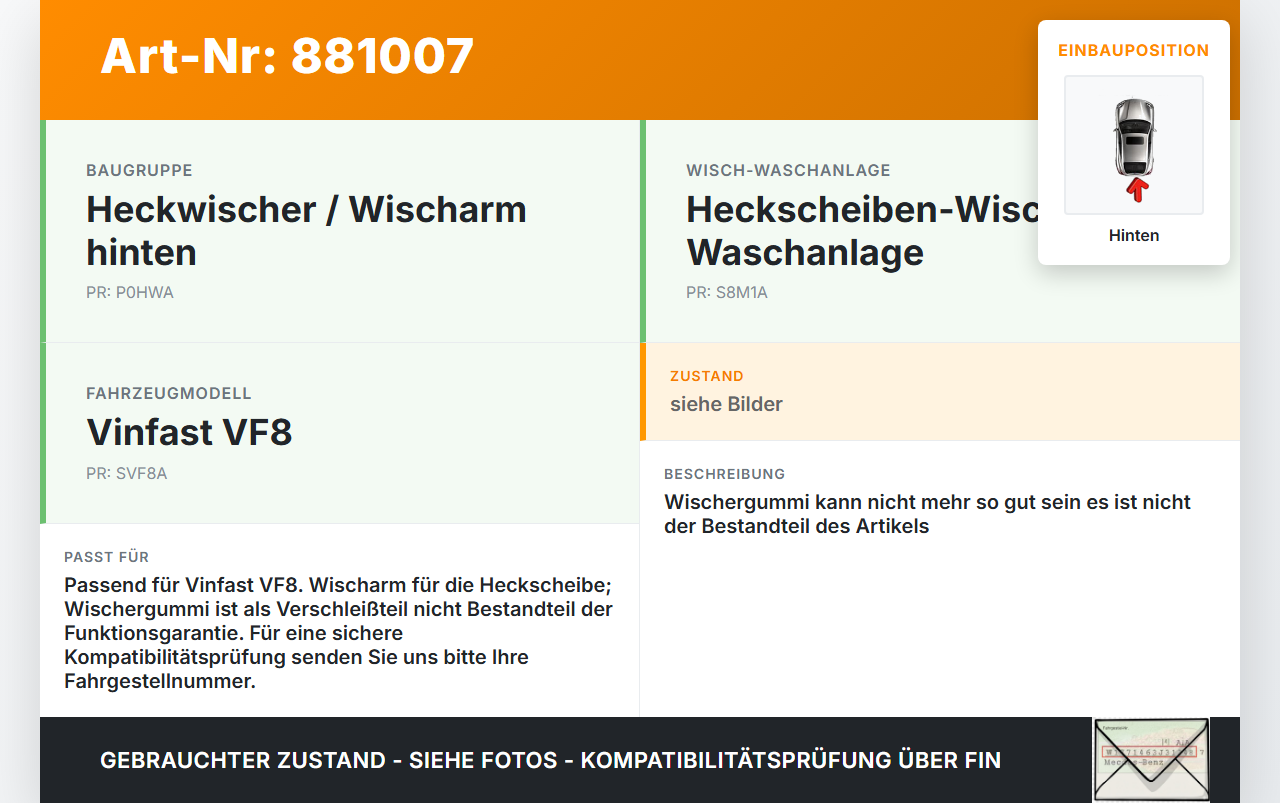 Vinfast VF8 Heckwischer Scheibenwischer Hinten Wischarm Vinfast VF8 01.11.2023 gebraucht Vorschau 3