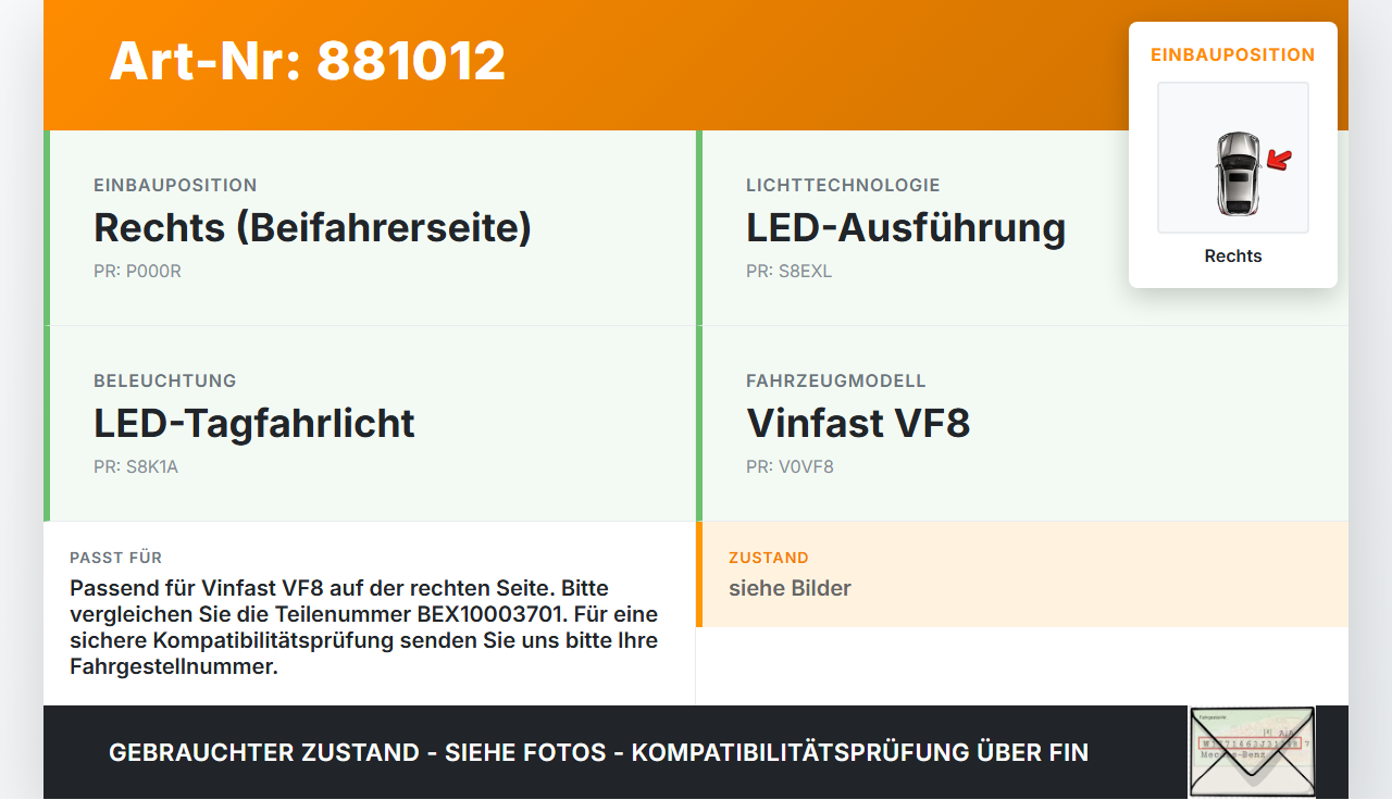 Vinfast VF8 LED Tagfahrlicht Tagfahrleuchte Rechts Vinfast VF8 01.11.2023 BEX10003701 014.902-02 gebraucht Vorschau 3