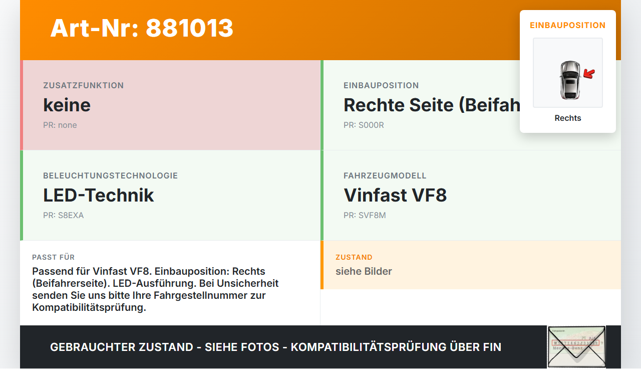 Vinfast VF8 Blinker Blinkleuchte Rechts orig. Vinfast VF8 01.11.2023 BEX30028034 015987-04 gebraucht Vorschau 3