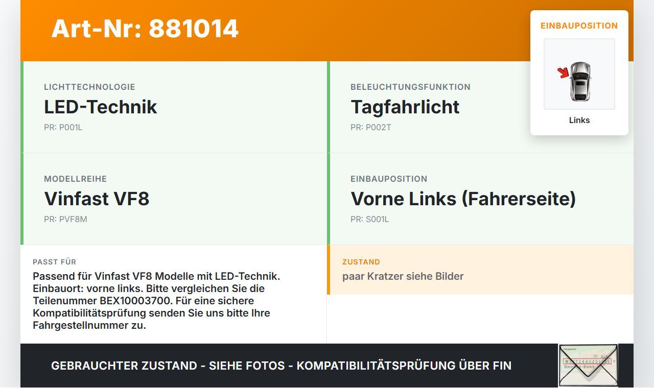 Vinfast VF8 LED Tagfahrlicht Tagfahrleuchte Links Vinfast VF8 01.11.2023 BEX10003700 014.902-01 gebraucht Vorschau 3