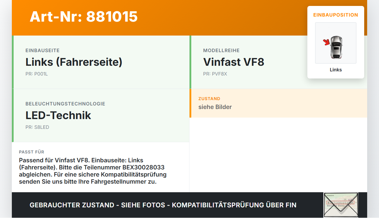 Vinfast VF8 Blinker Blinkleuchte Links orig Vinfast VF8 01.11.2023 BEX30028033 gebraucht Vorschau 3