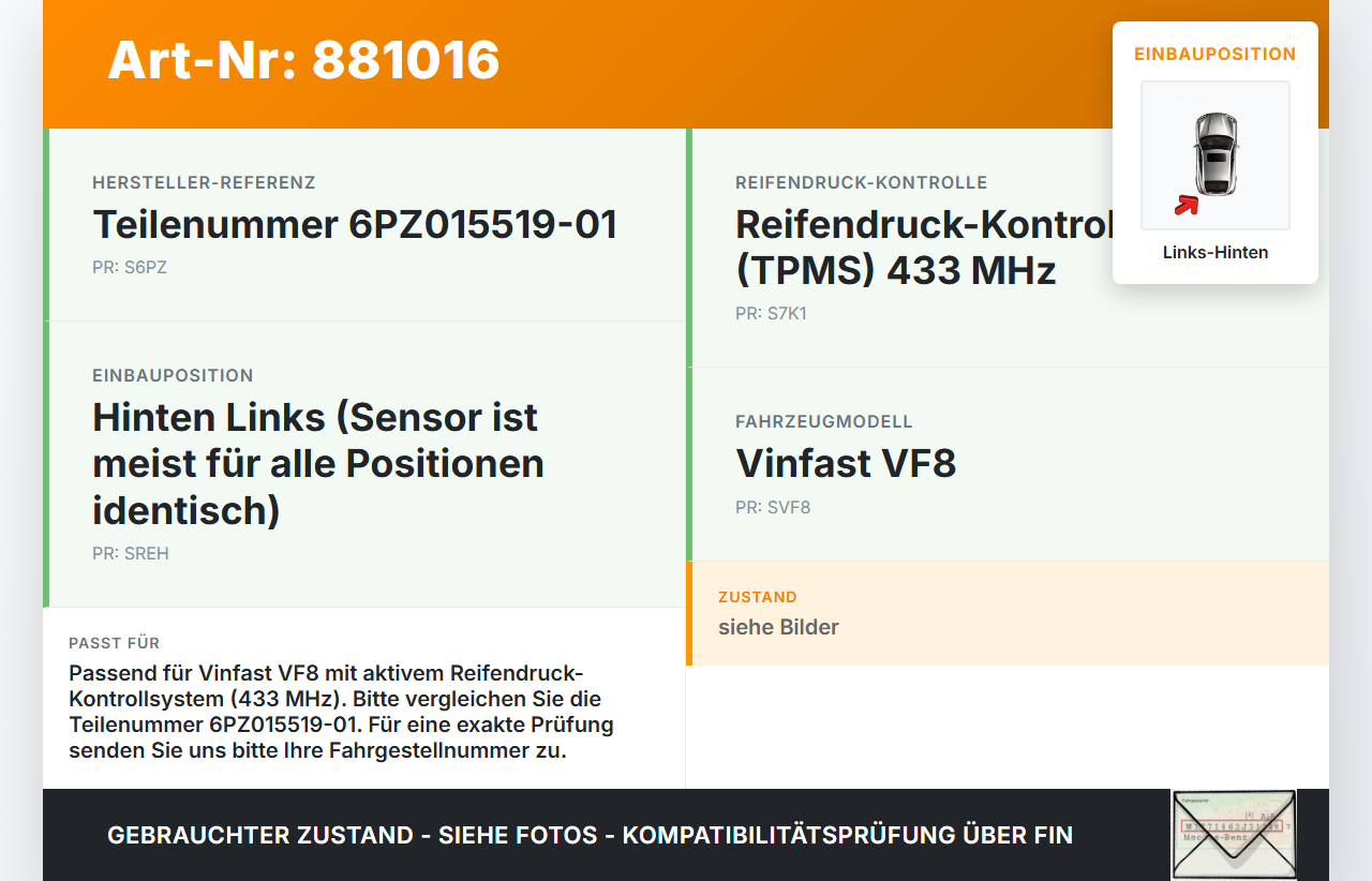 Vinfast VF8 Reifendruck Sensor Radsensor Reifendrucksensor Links Hinten Vinfast VF8 01.11.2023 6PZ015519-01 gebraucht Vorschau 3