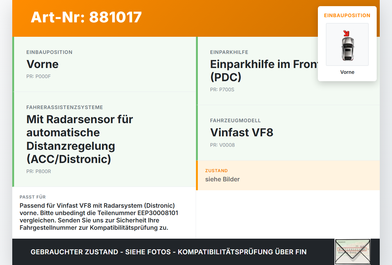 Vinfast VF8 Abstandssensor Radar Distronic Vorne Vinfast VF8 01.11.2023 EEP30008101 gebraucht Vorschau 3