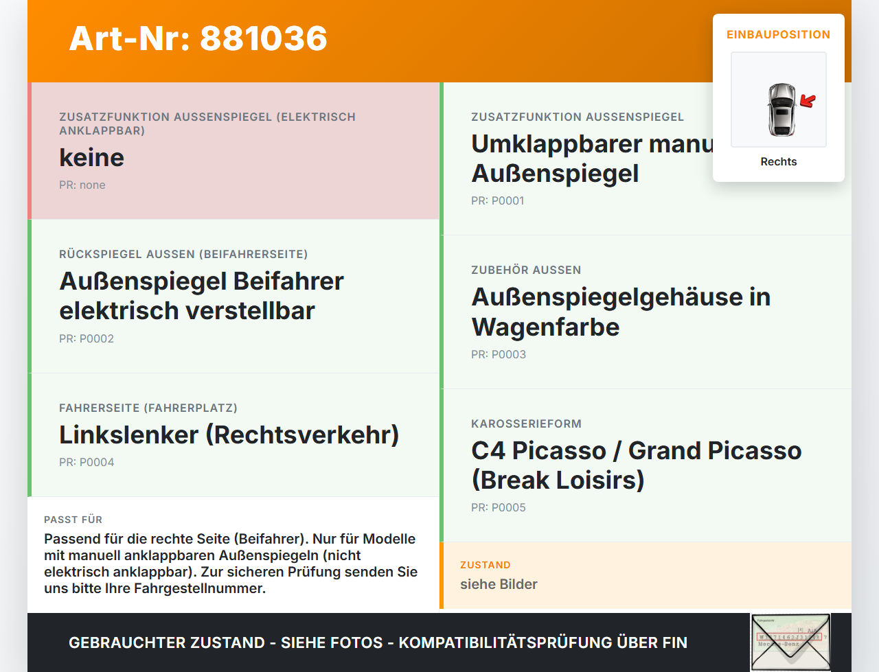 Citroen C4 Grand Picasso 06-10 Blinker Blinkleuchte Rechts orig. Citroen C4 Grand Picasso 06-10 12.01.2010 gebraucht Vorschau 3