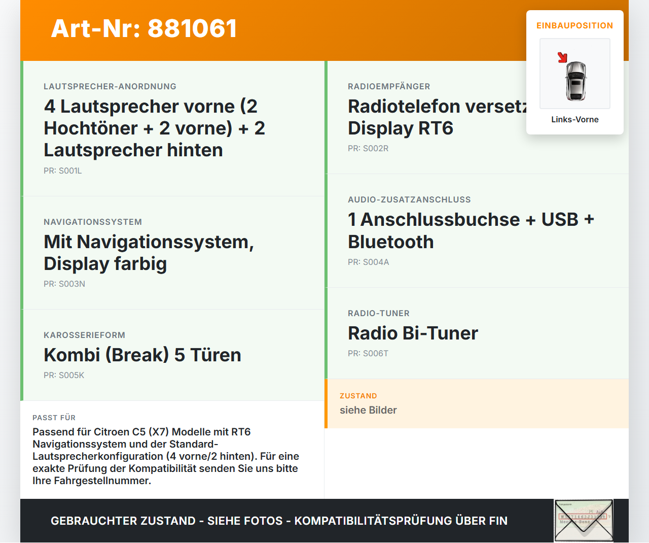 Citroen C5 RD TD 12-14 Lautsprecher Links Vorne Citroen C5 RD TD 12-14 14.09.2012 6562X2 gebraucht Vorschau 3