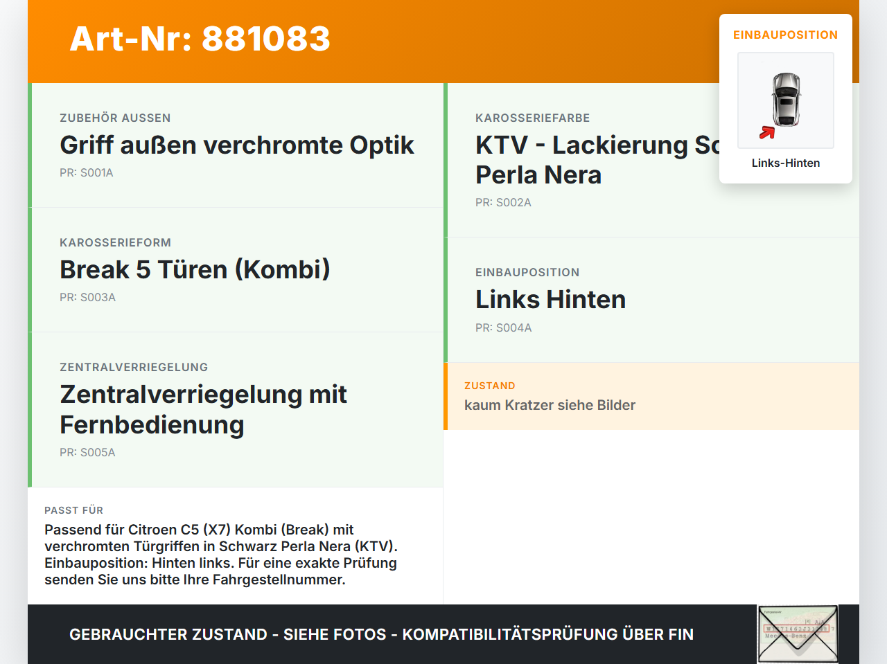 Citroen C5 RD TD 12-14 Kombi Türgriff Griff aussen Links Hinten KTV Citroen C5 RD TD 12-14 14.09.2012 gebraucht Vorschau 3