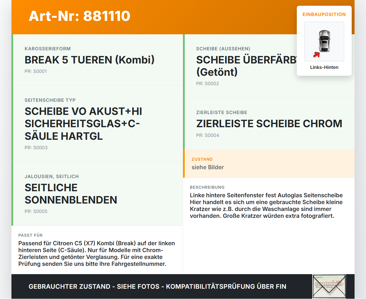 Citroen C5 RD TD 12-14 Kombi Feste Seitenscheibe Scheibe Links Hinten Orig. getönt Citroen C5 RD TD 12-14... Vorschau 3