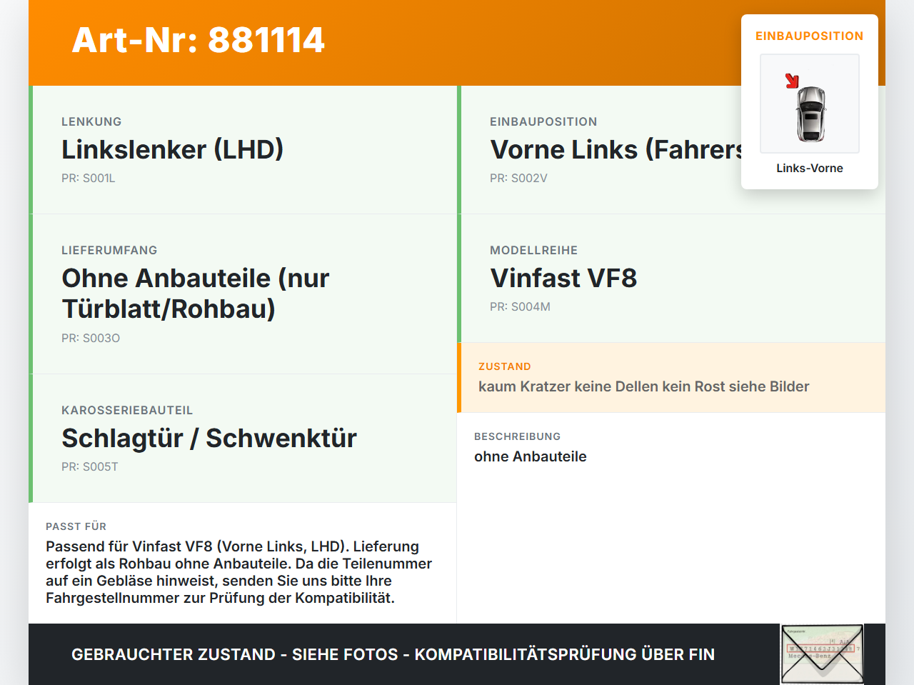 Vinfast VF8 Tür Fahrertür Links Vorne TOP!!! Vinfast VF8 01.11.2023 1K1820015Q gebraucht Vorschau 3