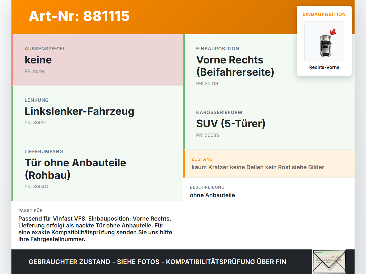 Vinfast VF8 Tür Beifahrertür Rechts Vorne Vinfast VF8 01.11.2023 gebraucht Vorschau 3