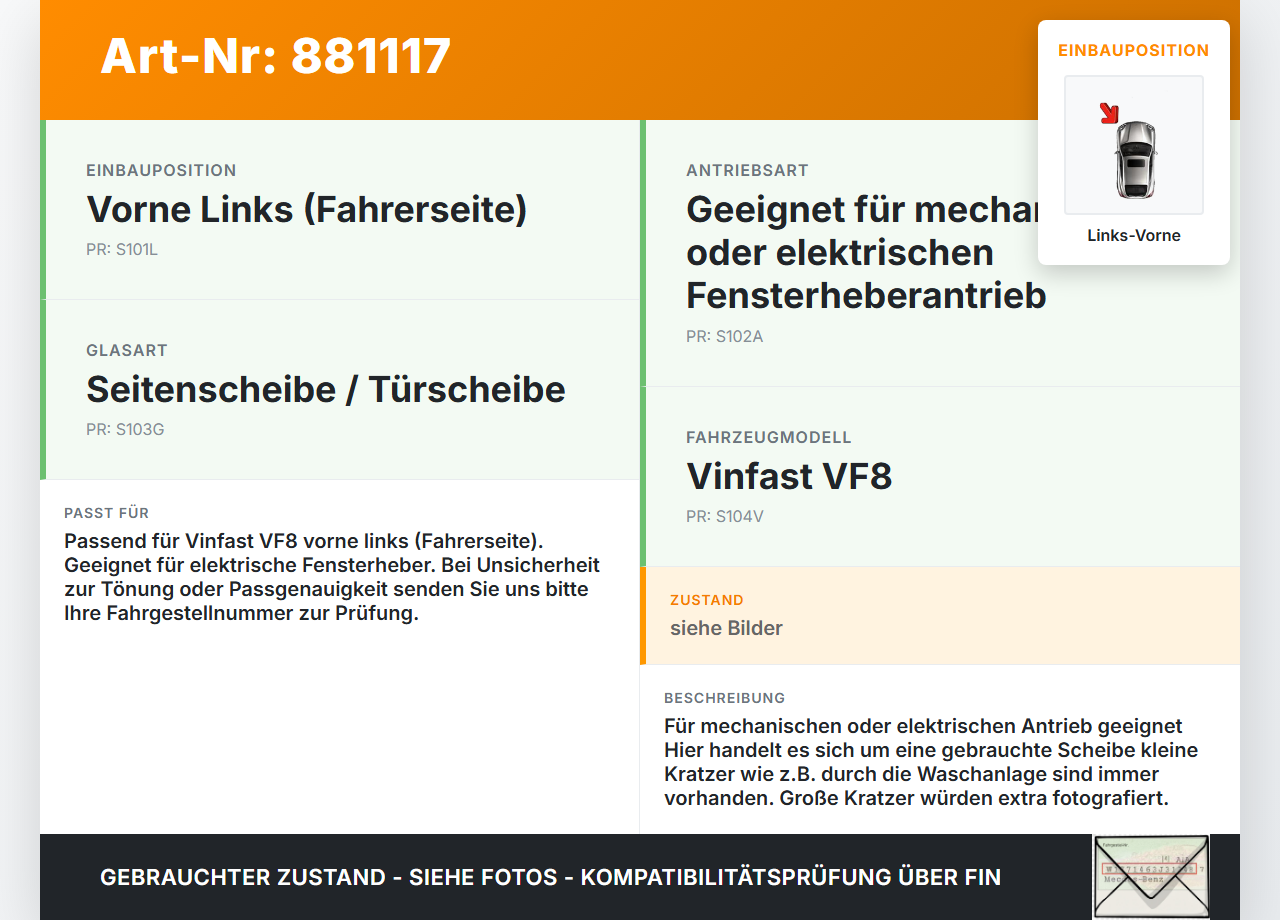 Vinfast VF8 Seitenscheibe LVK Fenster Türscheibe Links Vorne Vinfast VF8 01.11.2023 gebraucht Vorschau 3