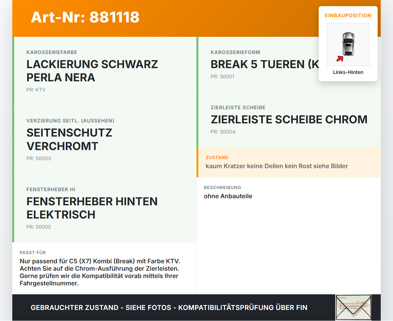 Citroen C5 RD TD 12-14 Kombi Tür Links Hinten KTV Citroen C5 RD TD 12-14 14.09.2012 9006L5 gebraucht Vorschau 3